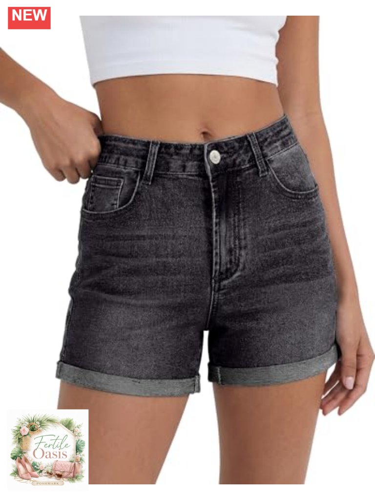 High Waisted Stretchy Denim Shorts With Cuffed Hem For Women